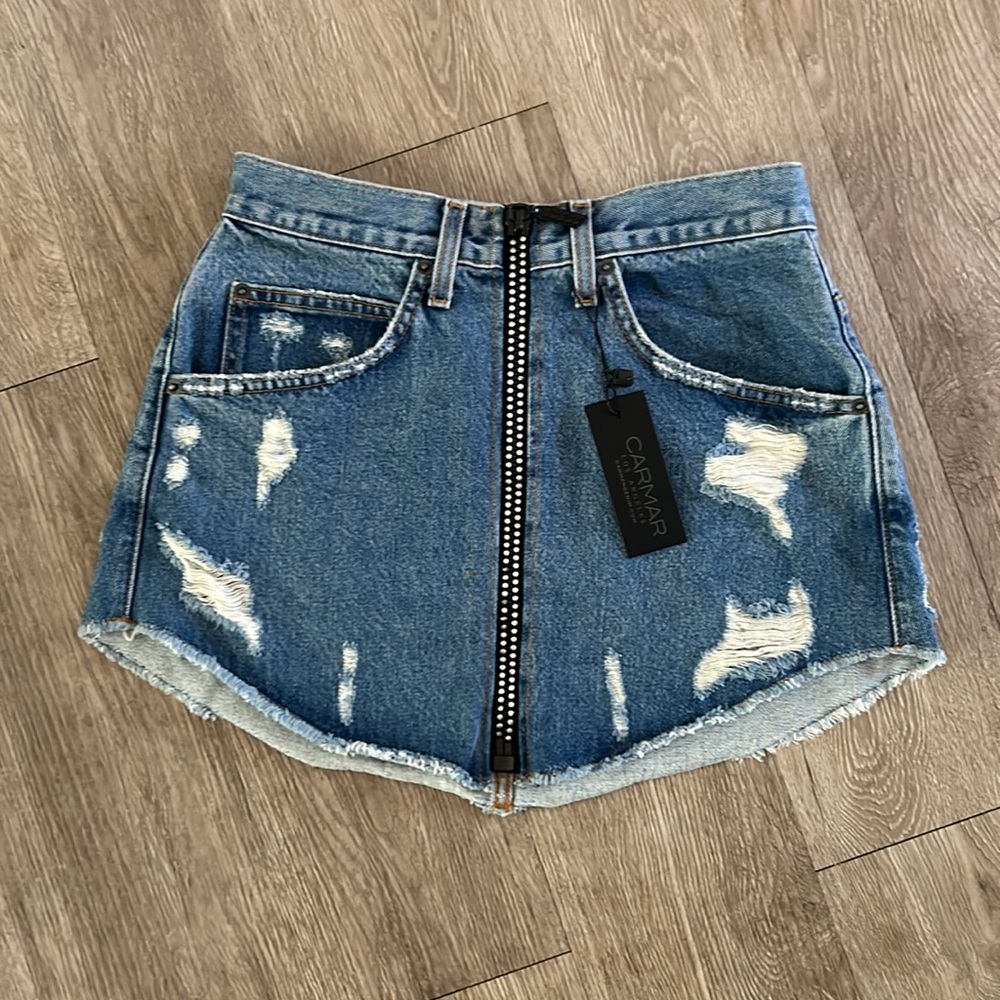 Carmar Hand Distressed Denim Mini Skirt